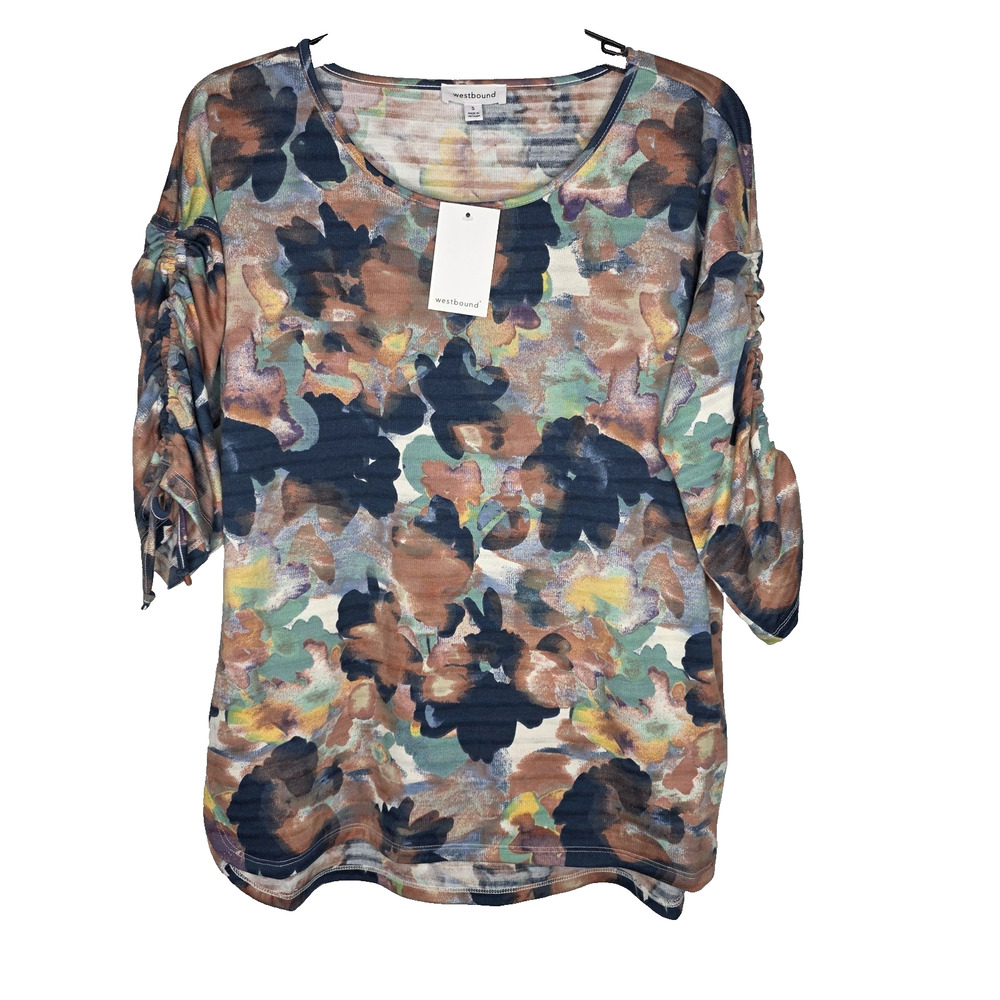 Westbound Womens Size S Floral Print 3/4 Sleeve Top Blue Pink Green Yellow